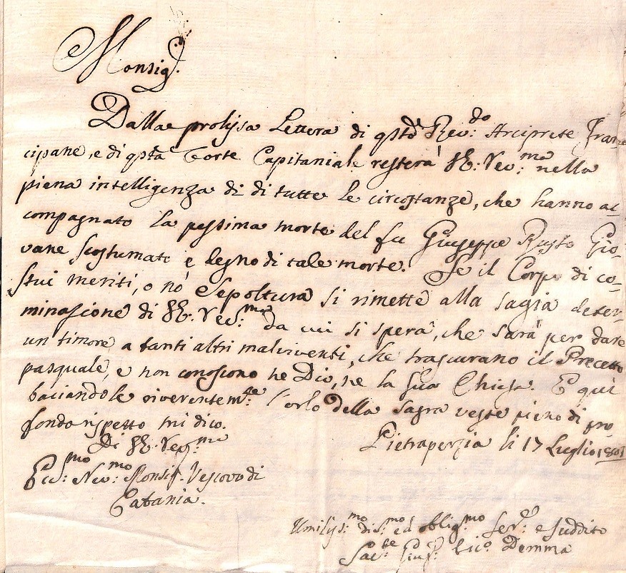 Lettera inviata al Vescovo di Catania